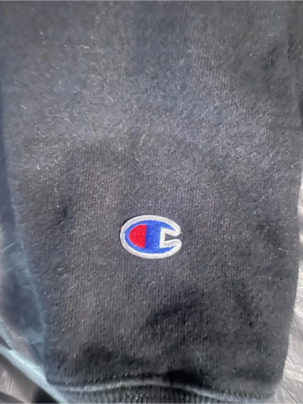 Champion Reverse Weave Black Chenille Script Logo Hoodie Men’s Small Pullover